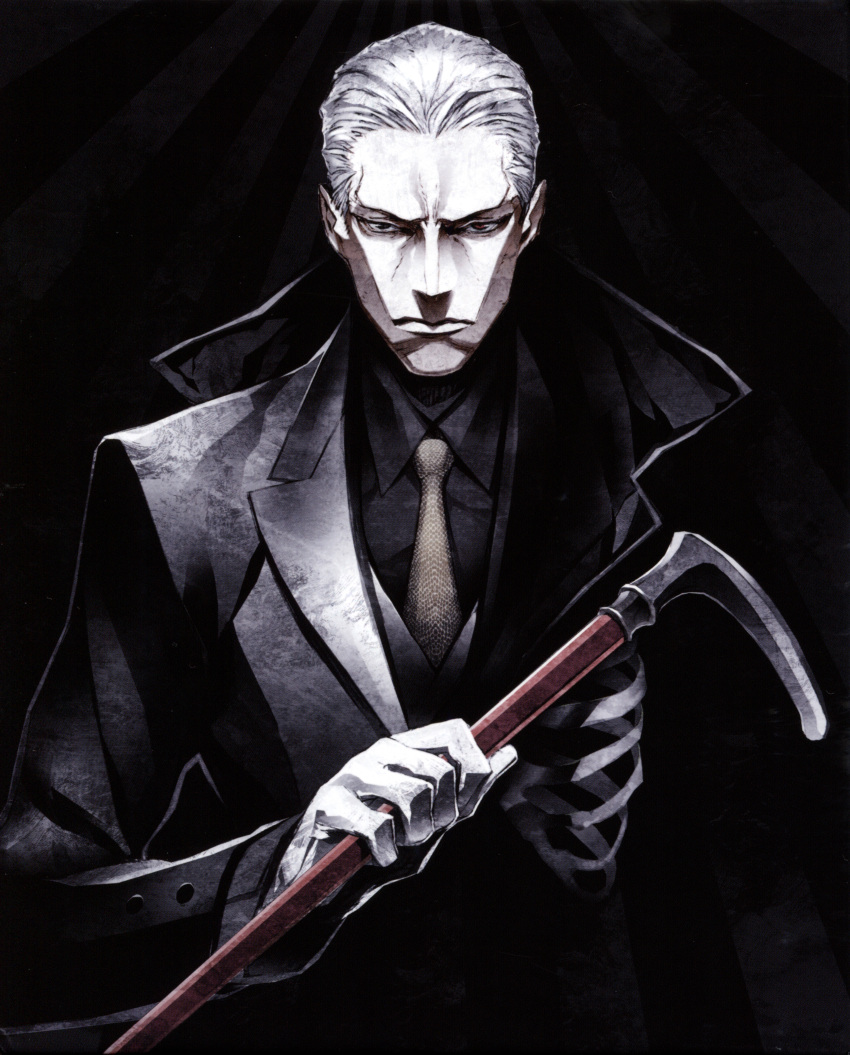 1boy, absurdres, cane, formal, gloves, grey_hair, highres, joker_game