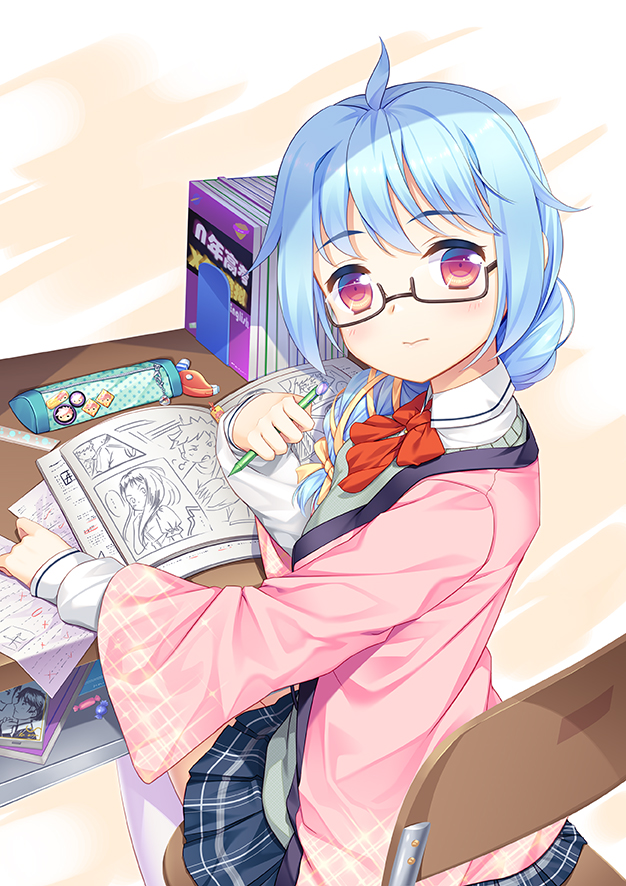 1girl, 33paradox, 3:, ahoge, blue_hair, blue_skirt, book, book_stack