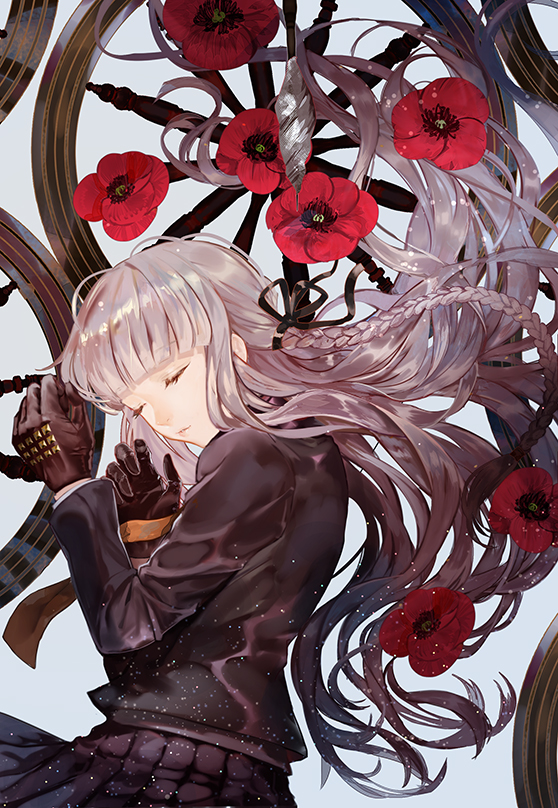 1girl, bangs, black_gloves, black_jacket, black_ribbon, black_skirt, blunt_bangs, braid