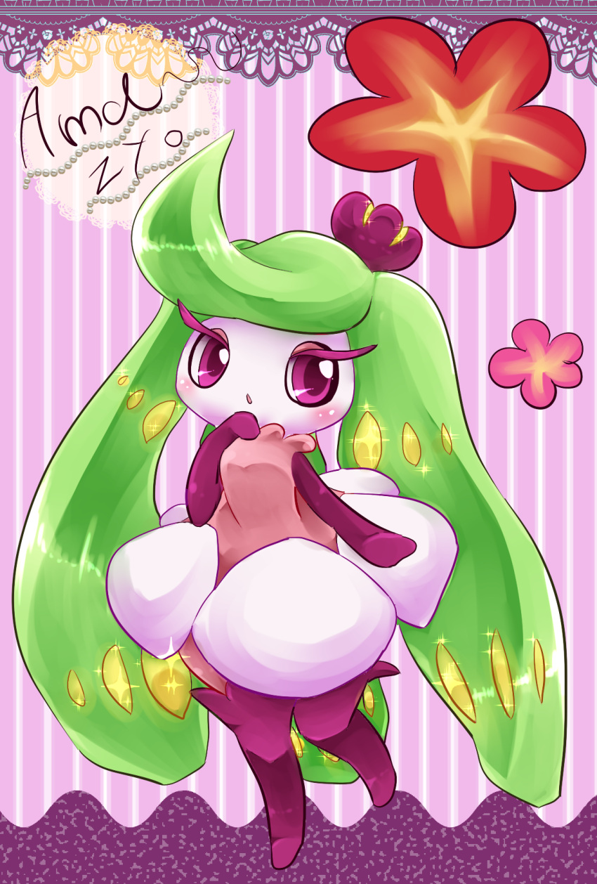 artist_name, blush, flower, gigii2810, highres, no_humans, open_mouth, pink_eyes, pokemon, pokemon_(creature), pokemon_(game), pokemon_sm, solo, sparkle, tsareena