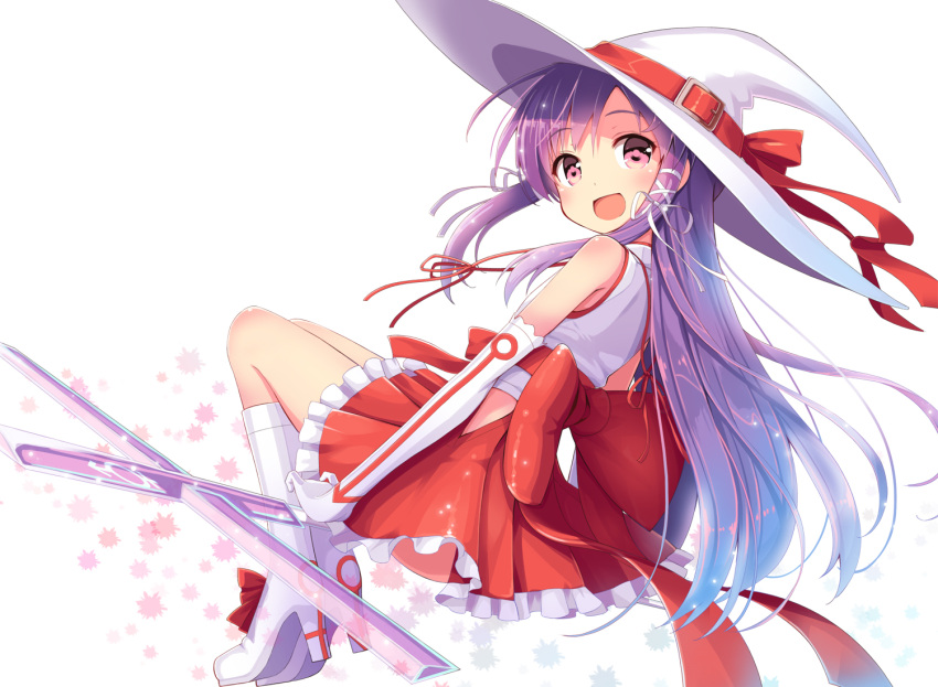 1girl, ba_kuro, boots, elbow_gloves, gloves, hair_ribbon, hakama_skirt, hat