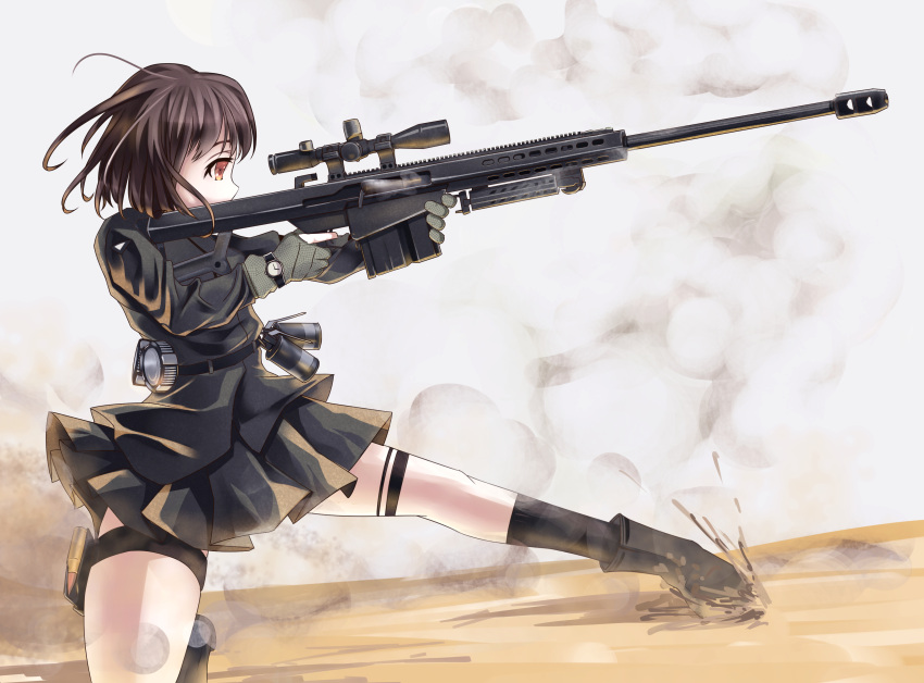 1girl, absurdres, anti-materiel_rifle, aoi_kao_(lsz7106), barrett_m107, black_hair, black_legwear, black_skirt
