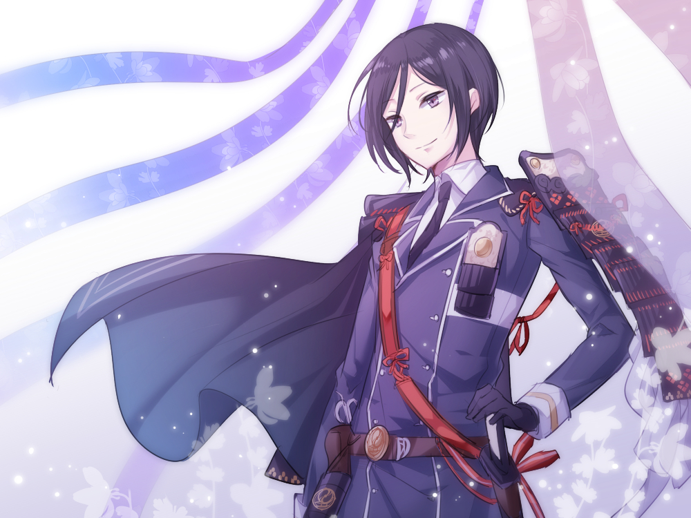 1boy, armor, black_gloves, black_hair, cape, flower, gloves, japanese_armor