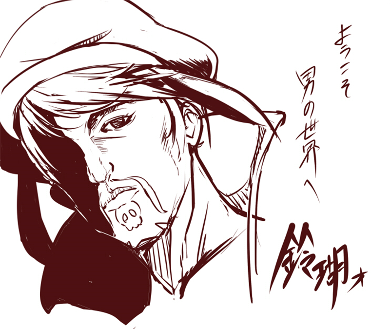 1boy, animal_ears, facial_hair, hat, jajao, jojo_no_kimyou_na_bouken, monochrome, rabbit_ears