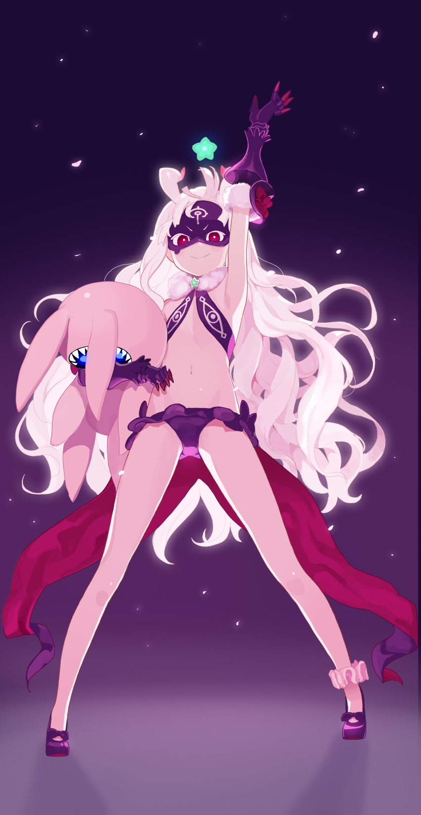 1girl, absurdres, antenna_hair, arm_up, armpits, bangs, blunt_bangs, do_re_mi, flat_chest, fur_trim, galaktika, gauntlets, gloves, highres, hoshimiya_kate, long_hair, lowleg_skirt, mask, midriff, navel, open_mouth, panties, purple_panties, red_eyes, sekai_seifuku:_bouryaku_no_zvezda, silver_hair, smile, solo, star, stuffed_toy, underwear, venera-sama, very_long_hair