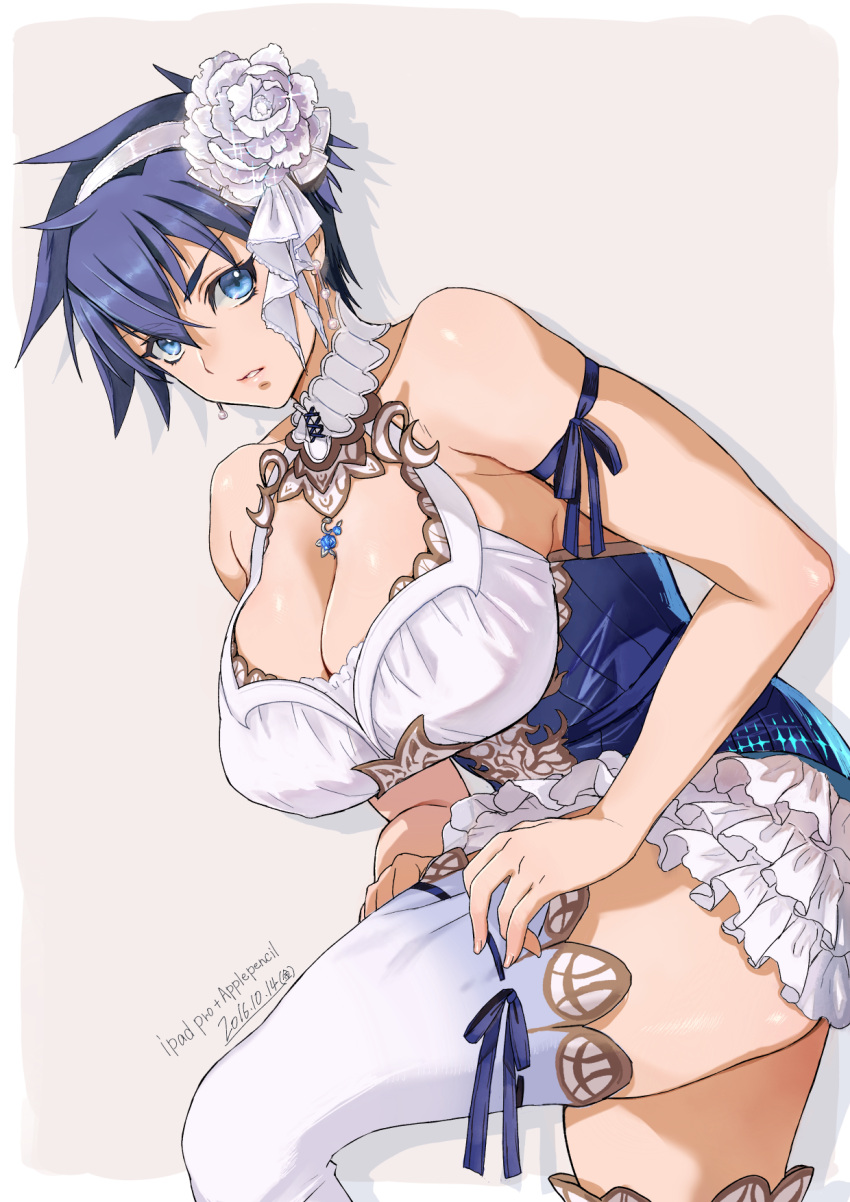 1girl, alternate_costume, blue_eyes, blue_hair, breasts, choker, cleavage, dress