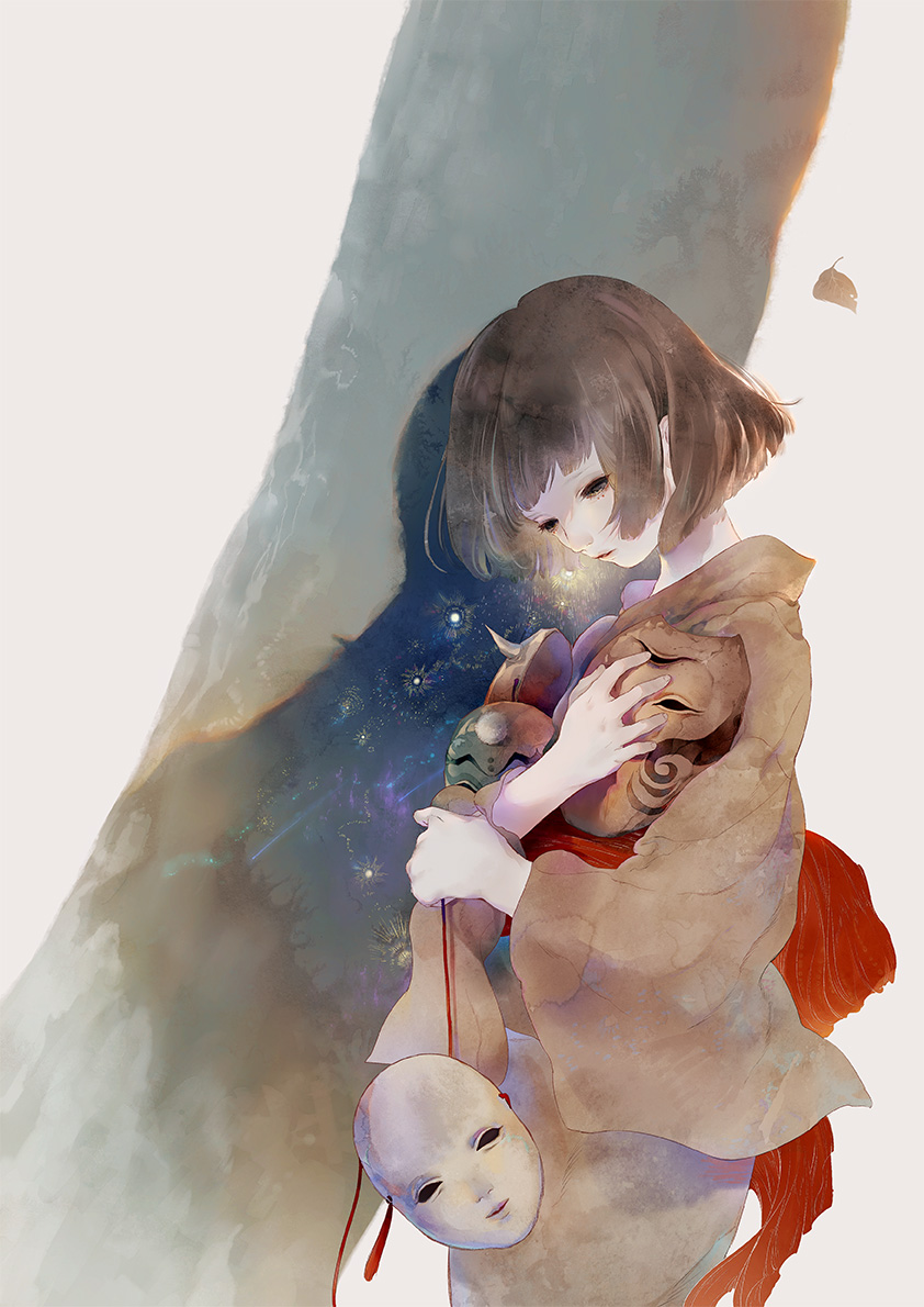 1girl, autumn_leaves, bangs, black_eyes, blunt_bangs, bob_cut, eyelashes, falling_leaves