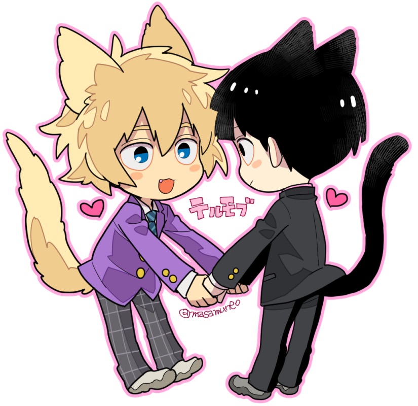 2boys, :d, animal_ears, ayao77, back, bangs, black_hair, black_jacket
