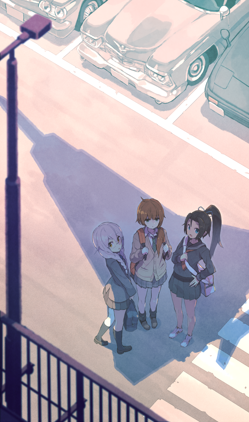 3girls, :o, aguila, ahoge, aircraft, backpack, bag, bangs
