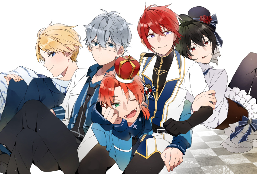 5boys, :p, ;), bespectacled, black_gloves, black_hair, blonde_hair, blue_eyes