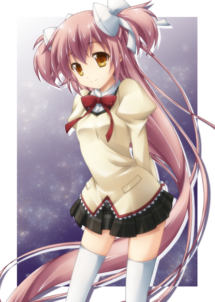 goddess_madoka, kaname_madoka, katase_kai, long_hair, mahou_shoujo_madoka_magica, pink_hair, school_uniform, thigh-highs