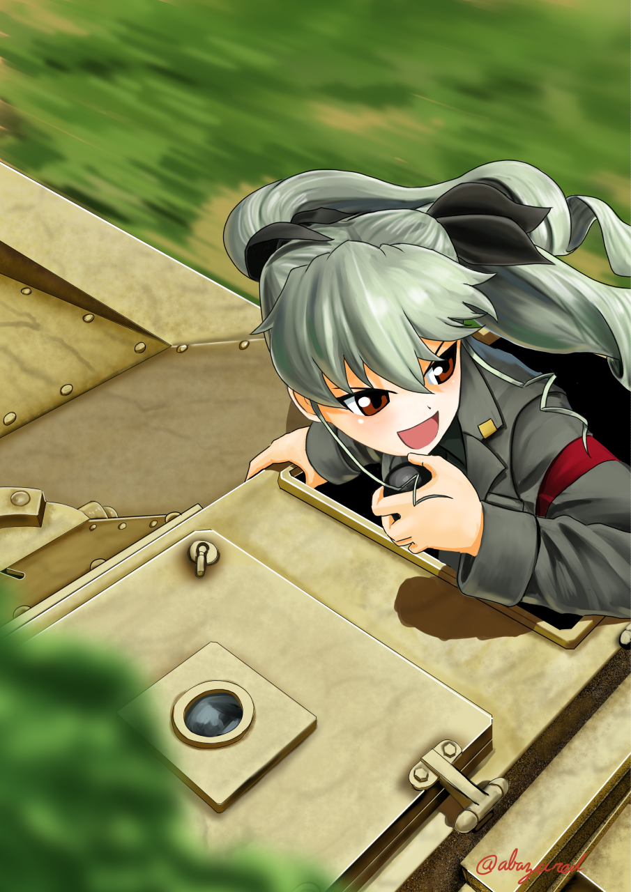 1girl, abazu-red, anchovy, artist_name, black_shirt, blurry, brown_eyes, carro_veloce_cv-33