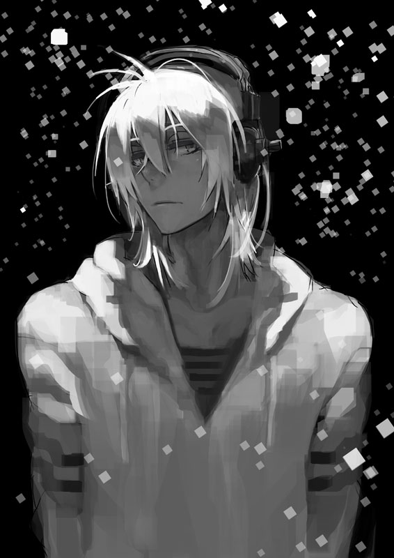 1boy, black_background, greyscale, headphones, hood, hoodie, jacket, looking_at_viewer