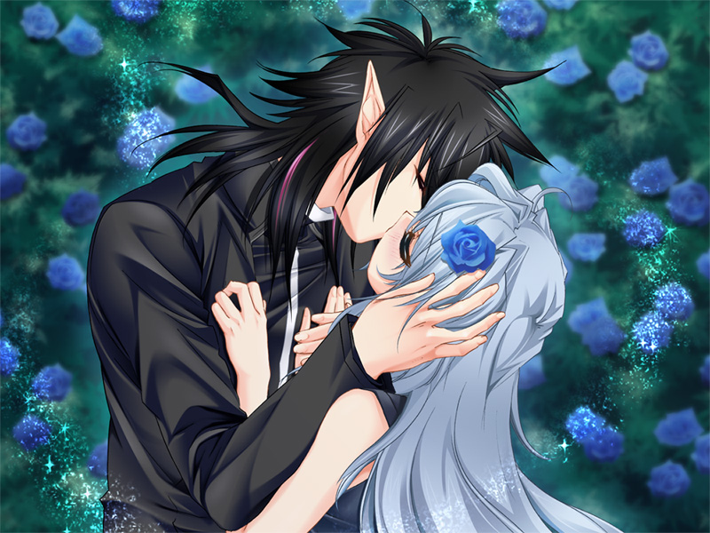 1girl, ashe_(cg), ashe_(under_the_moon), black_hair, blue_hair, blush, couple, flower