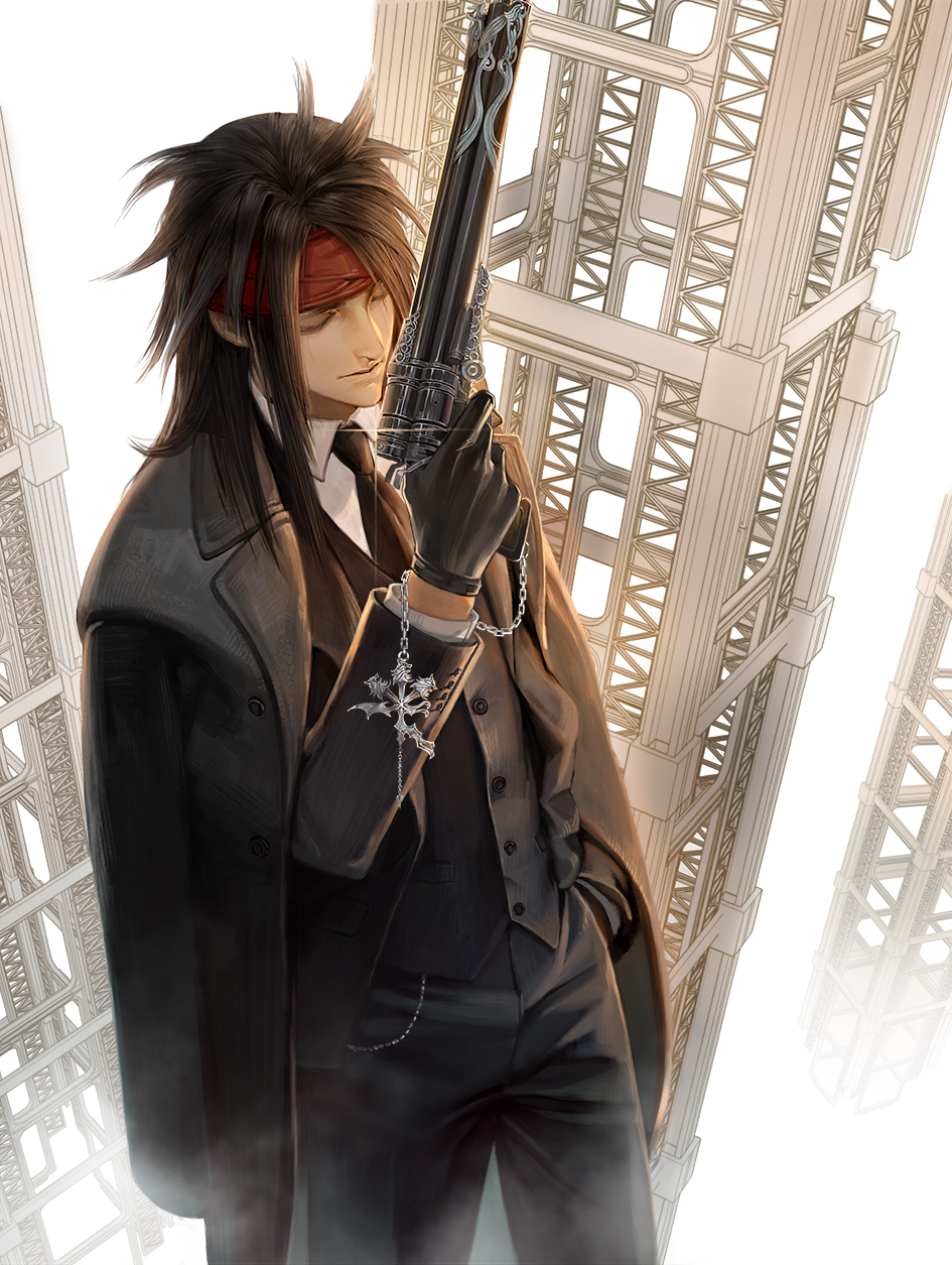 1boy, ao666, closed_eyes, coat, final_fantasy, final_fantasy_vii, formal, gun