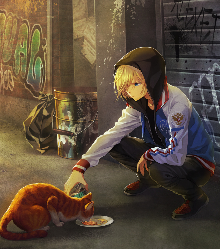 1boy, blonde_hair, cat, cat_food, green_eyes, hair_over_one_eye, highres, hood