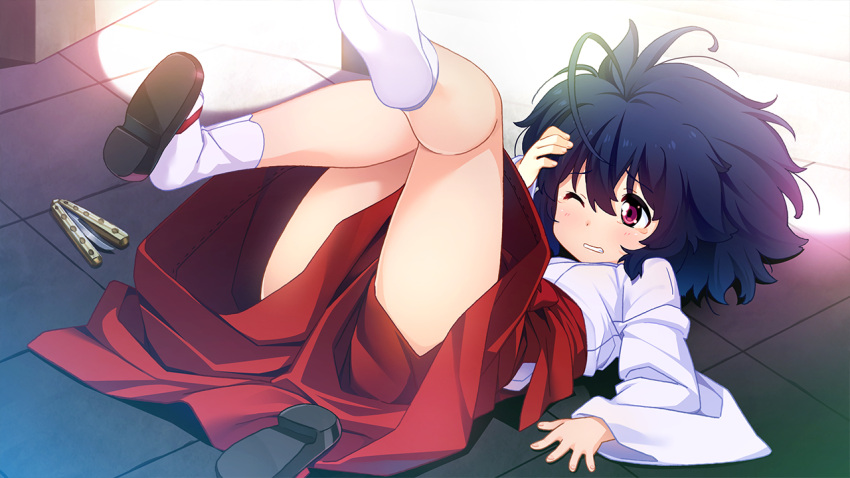 1girl, ahoge, black_hair, game_cg, garandou_sara, grin, hand_on_head, island_(game)
