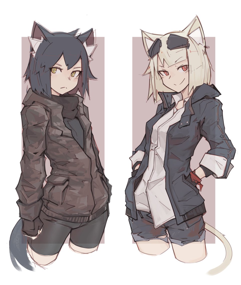 2girls, animal_ears, bike_shorts, black_gloves, black_hair, black_shirt, black_shorts, blonde_hair