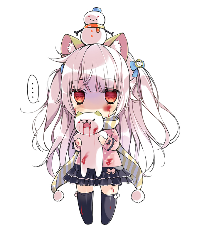 1girl, :3, alternate_eye_color, animal_ears, bangs, black_legwear, blood, blood_on_face, bloody_clothes, bow, cat, cat_ears, cat_hair_ornament, cat_print, chibi, frilled_skirt, frills, full_body, hair_bow, hair_ornament, holding, long_hair, long_sleeves, neko_atsume, no_feet, no_shoes, personification, pikomint, pink_hair, red_eyes, scarf, simple_background, skirt, smile, snowman, solo, standing, thigh-highs, two_side_up, very_long_hair, white_background, winter_clothes, yukineko-san, zettai_ryouiki
