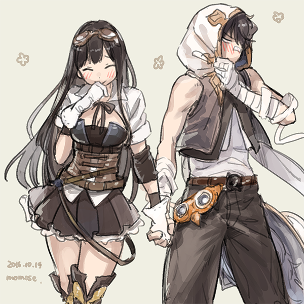 ayer_(granblue_fantasy), bandaged_hands, black_hair, blush, gloves, goggles, goggles_on_head, granblue_fantasy, holding_hands, hood, jessica_(granblue_fantasy), long_hair, momose_(oqo), siblings, skirt, white
