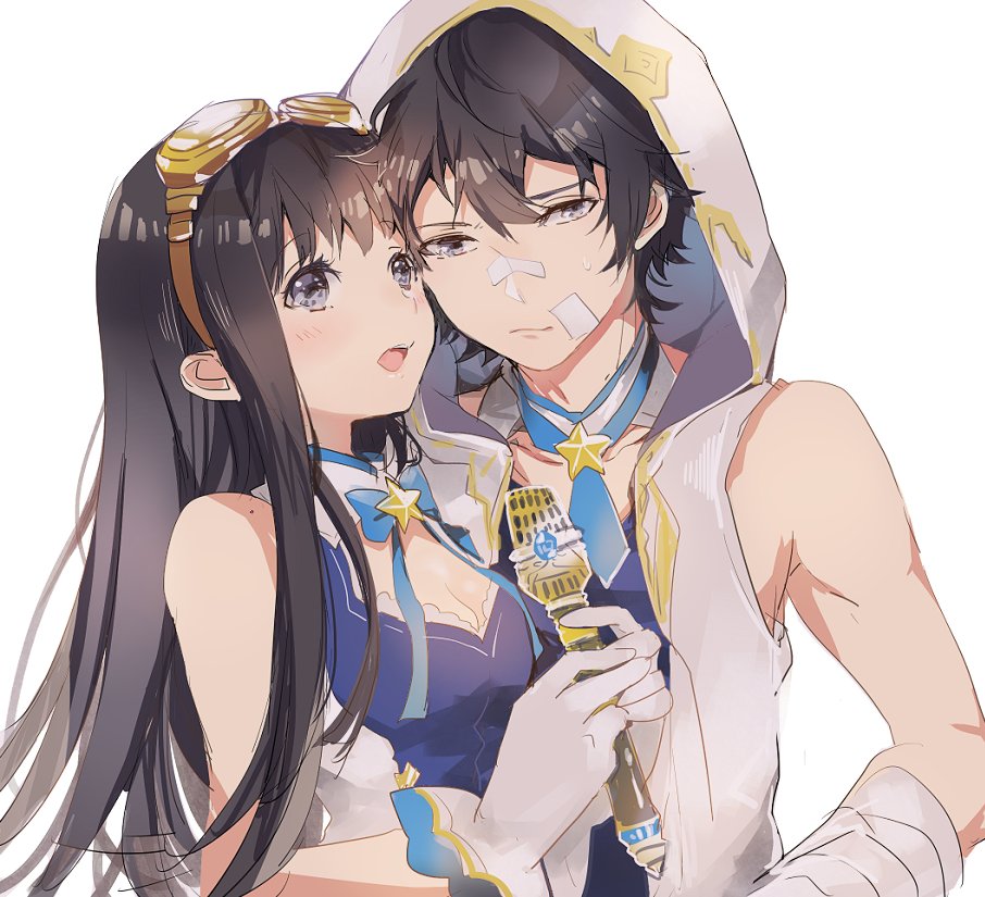 1girl, ayer_(granblue_fantasy), bandage_on_face, black_hair, gloves, goggles, goggles_on_head, granblue_fantasy