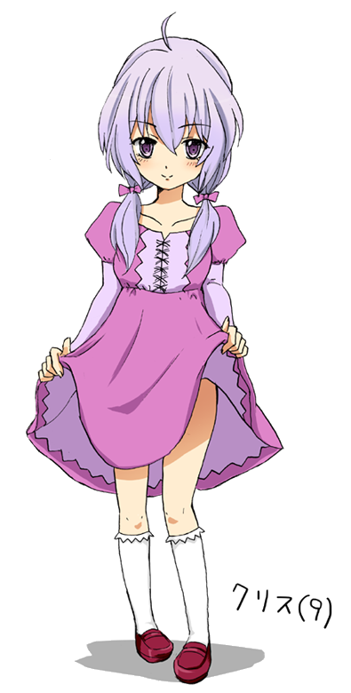 1girl, ahoge, blush, bow, closed_mouth, collarbone, cross-laced_clothes, dress, dress_lift, eyebrows, eyebrows_visible_through_hair, full_body, hair_bow, hair_over_shoulder, holding_dress, kneehighs, lace-trimmed_kneehighs, lavender_hair, long_hair, long_sleeves, looking_at_viewer, low-tied_long_hair, motinoki, photoshop, pink_bow, pink_dress, puffy_short_sleeves, puffy_sleeves, red_shoes, senki_zesshou_symphogear, shoes, short_sleeves, simple_background, sleeves_past_elbows, smile, solo, standing, text, translated, twintails, upskirt, violet_eyes, white_background, white_legwear, younger, yukine_chris