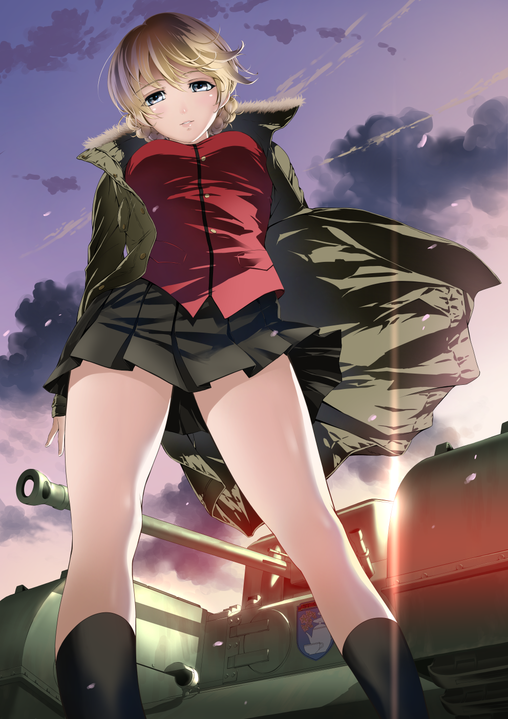 1girl, black_skirt, blonde_hair, blue_eyes, churchill_(tank), darjeeling, from_below, girls_und_panzer, ground_vehicle, highres, lips, looking_at_viewer, military, military_vehicle, motor_vehicle, short_hair, skirt, smile, solo, tank, toshi_(pixiv6514)
