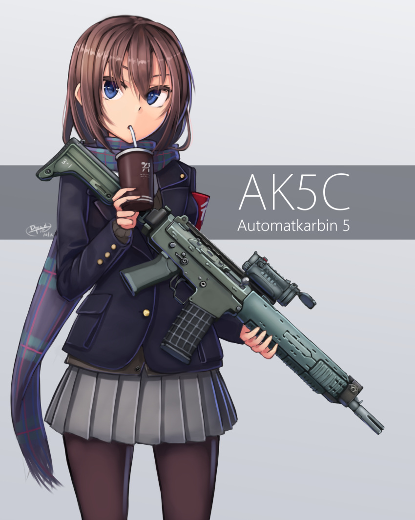 1girl, assault_rifle, black_legwear, blue_eyes, bofors_ak5, brown_hair, dreadtie, fn_fnc
