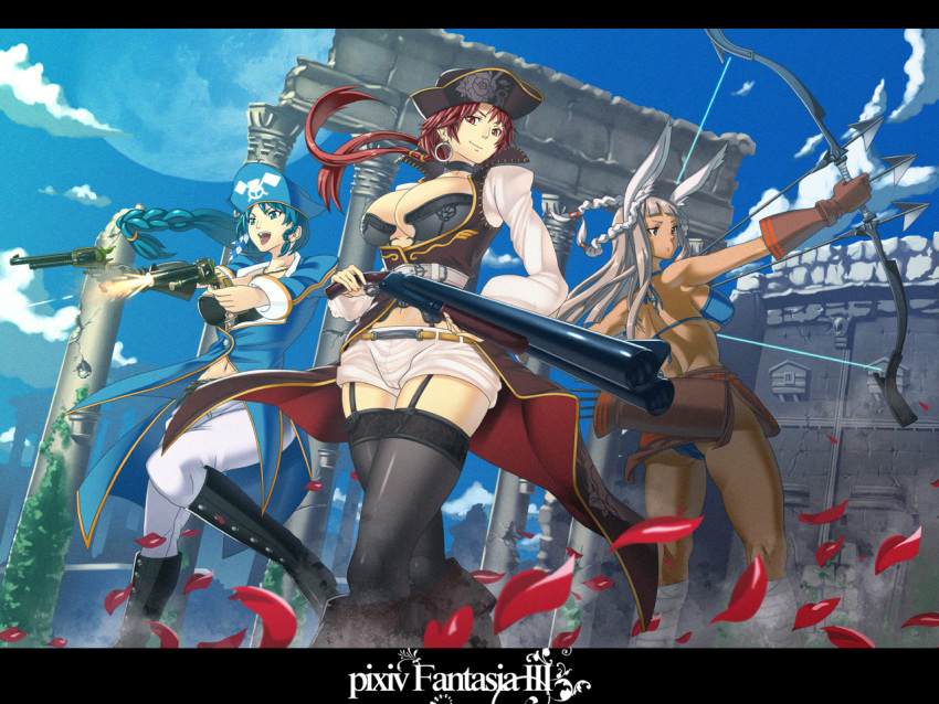 animal_ears, arrow, blue_hair, boots, bow, bow_(weapon), braid, gun