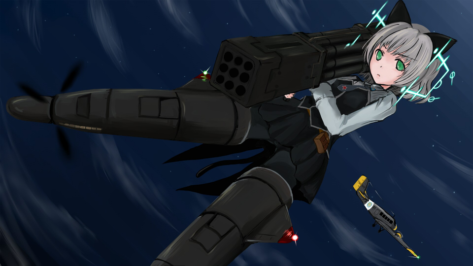 animal_ears, bad_id, black_legwear, green_eyes, gun, hirschgeweih_antennas, military, military_uniform, necktie, pantyhose, sanya_v_litvyak, short_hair, silver_hair, sky, sobako_(artist), sobako_(gc8e), strike_witches, striker_unit, striker_units, uniform, weapon