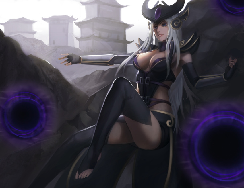 1girl, absurdres, armor, armpits, black_gloves, black_legwear, blue_eyes, breasts