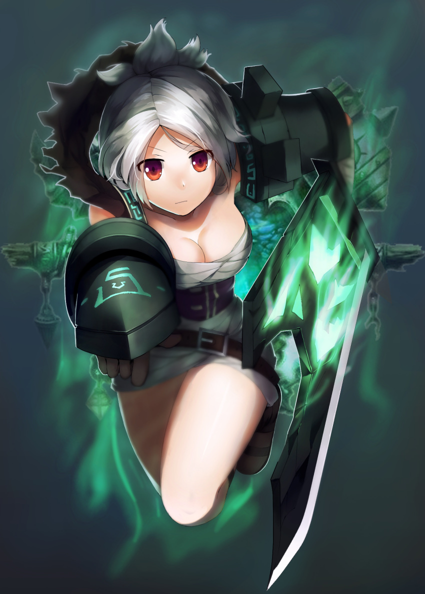 >:(, 1girl, armor, aura, beltskirt, breasts, cleavage, closed_mouth