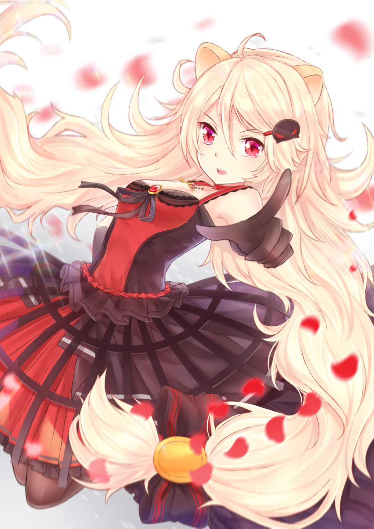 1girl, aireen_(show_by_rock!!), animal_ears, bare_shoulders, black_gloves, blonde_hair, fox37, gloves