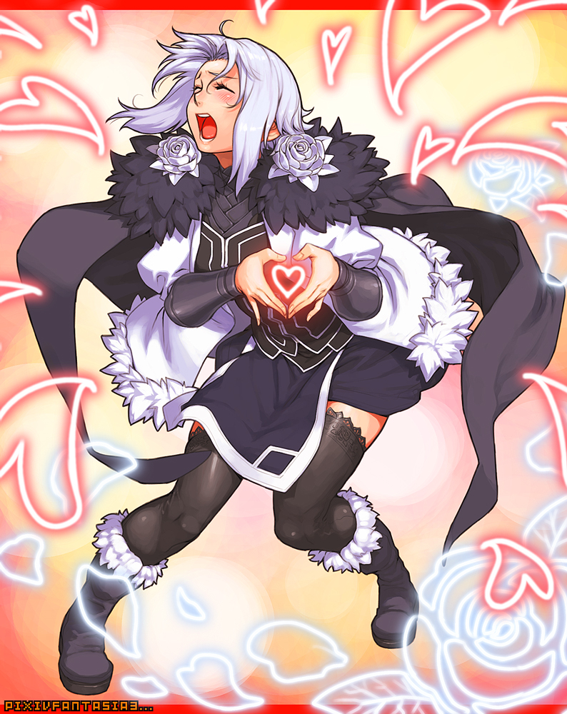 azusa_(hws), cape, closed_eyes, elaine_(pixiv_fantasia), flower, gigandal_federation, heart, heart_hands