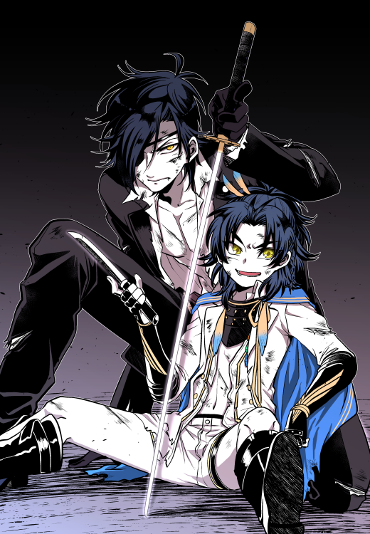 2boys, black_gloves, black_hair, blue_hair, boots, cape, eyepatch, feathers