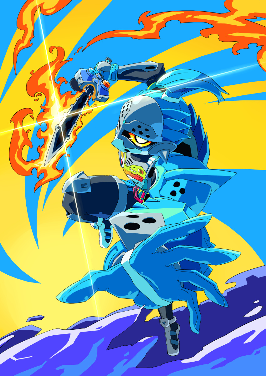 1boy, absurdres, armor, belt, breastplate, commentary_request, fire, gashacon_sword