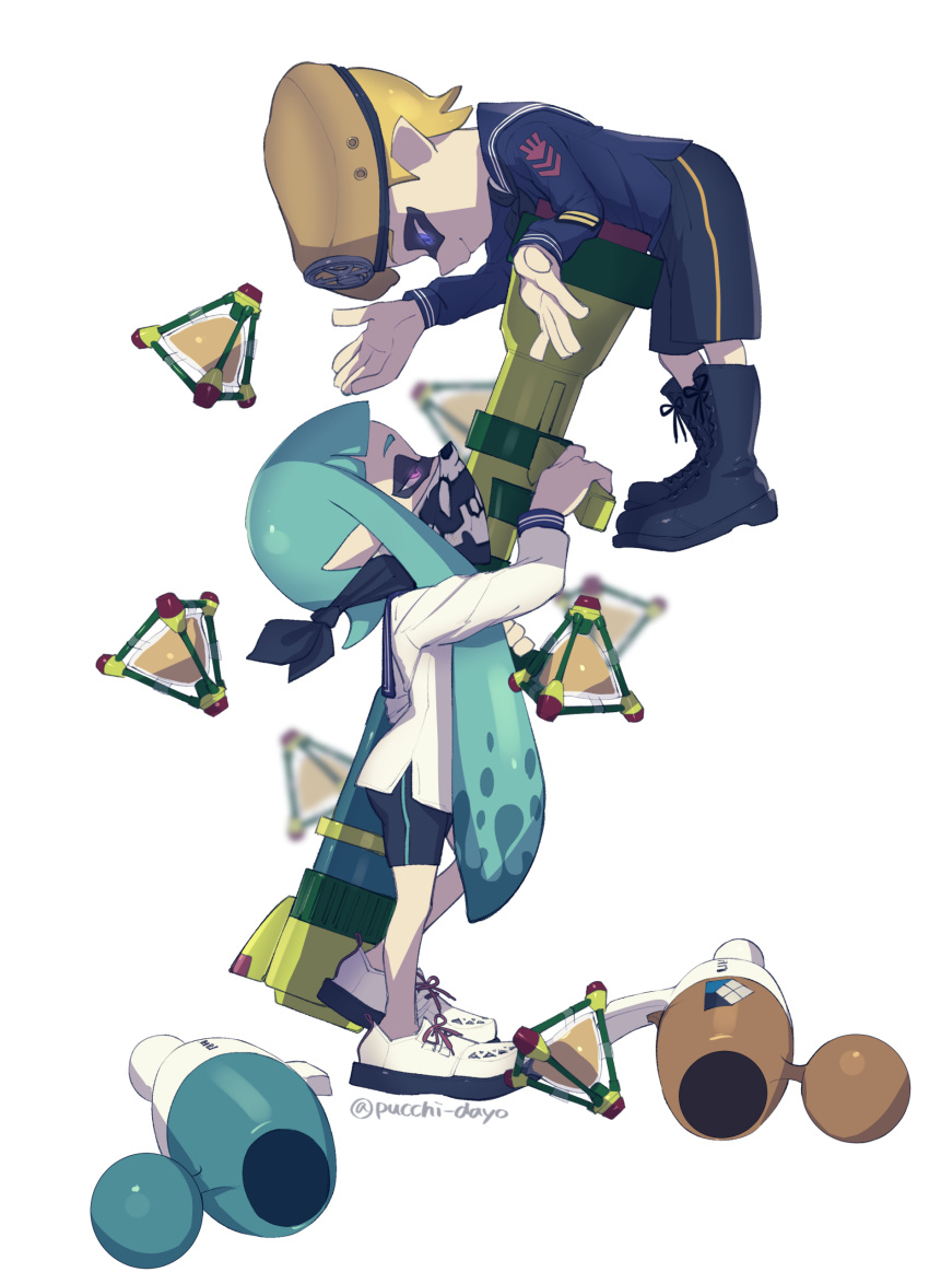 1boy, 1girl, absurdres, bangs, bike_shorts, black_shorts, blunt_bangs, bomb_rush_(splatoon)