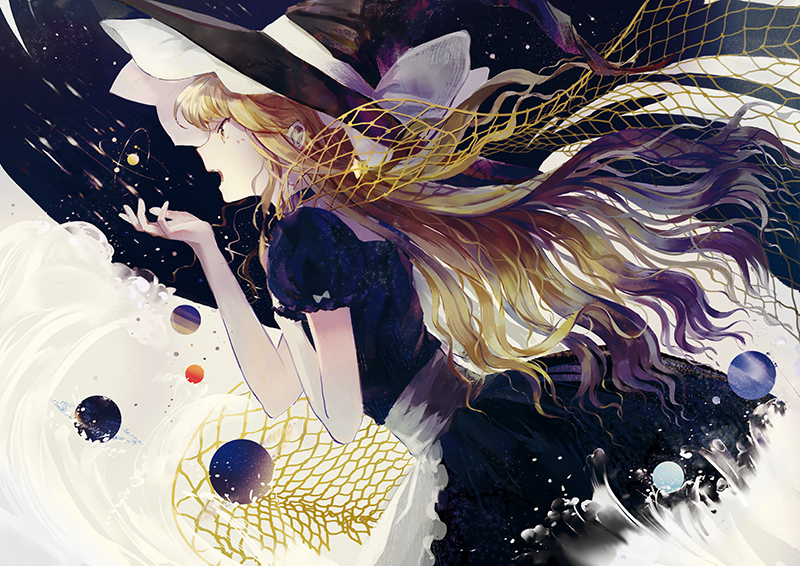 1girl, apron, black_dress, black_hat, blonde_hair, bow, chairlog, dress, frilled_apron, frills, from_side, hat, hat_bow, kirisame_marisa, long_hair, open_mouth, puffy_short_sleeves, puffy_sleeves, short_sleeves, solo, touhou, white_apron, white_bow, witch_hat, yellow_eyes