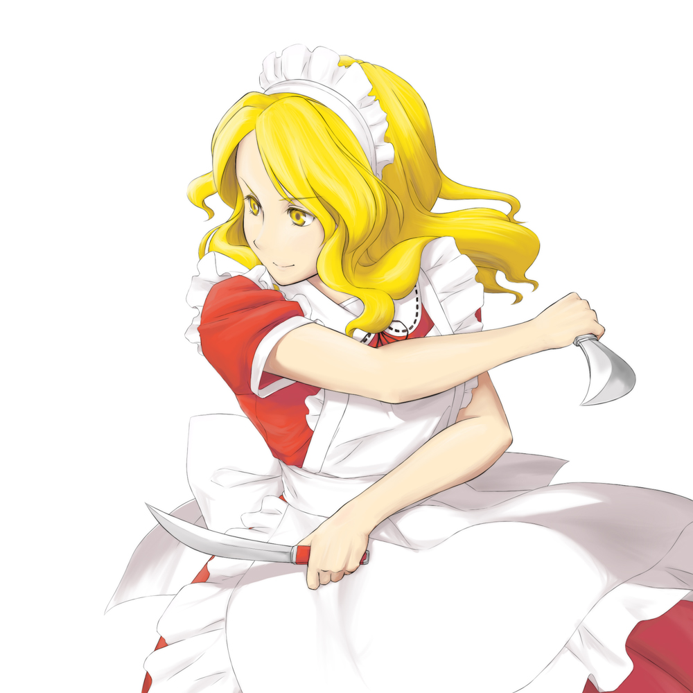 blonde_hair, dual_wield, dual_wielding, knife, maid, maid_headdress, serene_(gusarme), serene_(pixiv66339), simple_background, smile, touhou, touhou_(pc-98), yellow_eyes, yumeko