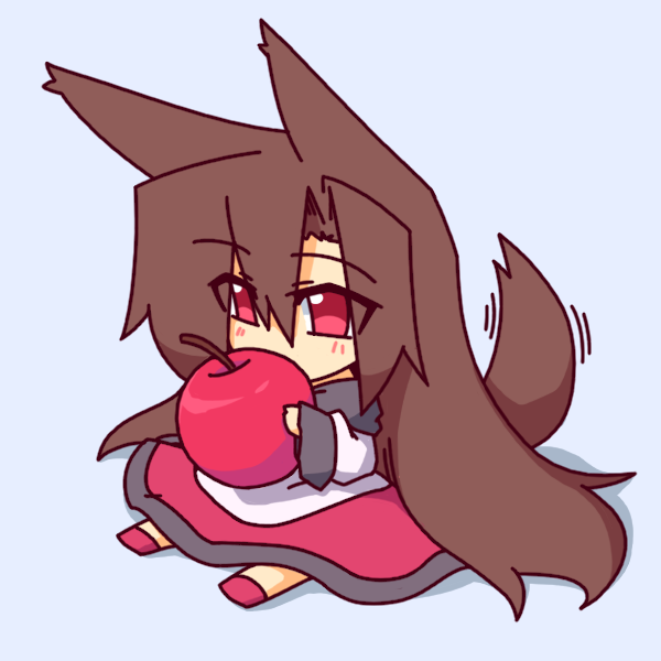 1girl, absurdly_long_hair, animal_ears, apple, blouse, brown_hair, chibi, food
