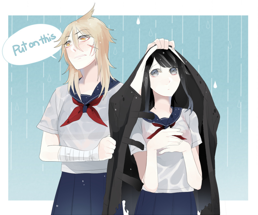 2girls, black_hair, blonde_hair, blush, english, highres, koumi04, long_hair, multiple_girls, osoro_shidesu, ponytail, wet, wet_clothes, yandere-chan, yandere_simulator, yuri