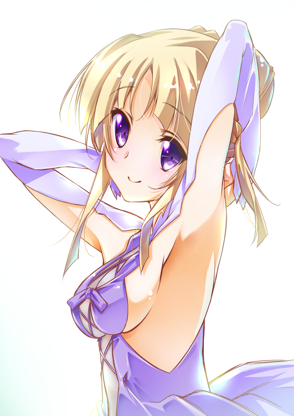 armpits, arms_up, bangs, blonde_hair, blush, breasts, closed_mouth, dress