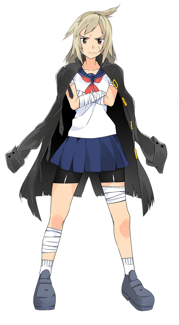 1girl, bandages, black_jacket, blonde_hair, brown_eyes, full_body, highres, jacket