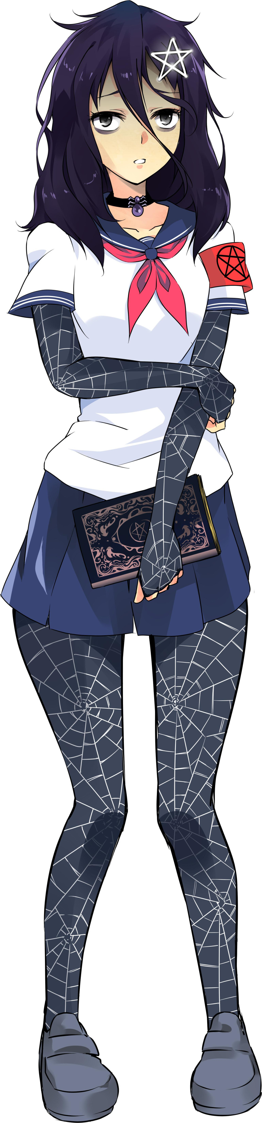 1girl, absurdres, black_eyes, book, choker, full_body, hair_in_face, highres