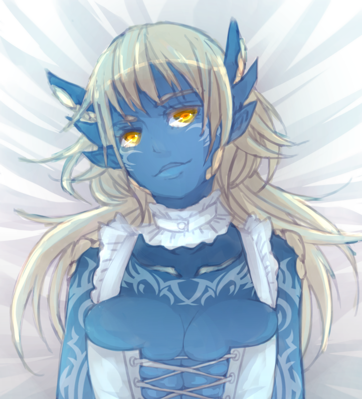1girl, bed_sheet, blue_skin, bustier, choker, dragon_girl, dragon_horns, frilled_choker