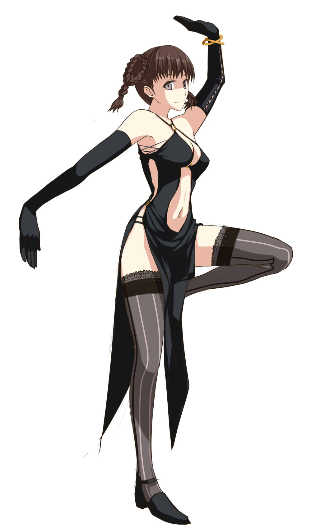 1girl, arm_up, black_dress, bracelet, braid, breasts, brown_hair, cleavage, dead_or_alive, dress, elbow_gloves, gloves, highres, jewelry, lei_fang, navel, navel_cutout, o-ring_top, pelvic_curtain, side_cutout, side_slit, simple_background, solo, standing, standing_on_one_leg, sukitsukasa, thigh-highs, twin_braids