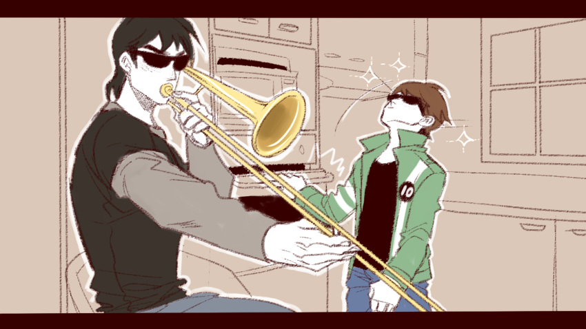 2boys, ben_10, ben_10:_alien_force, benjamin_kirby_tennyson, black_hair, brown_hair, green_jacket, jacket, kevin_ethan_levin, male_focus, meme, multiple_boys, omnitrix, parody, short_hair, sunglasses, when_mama_isn't_home