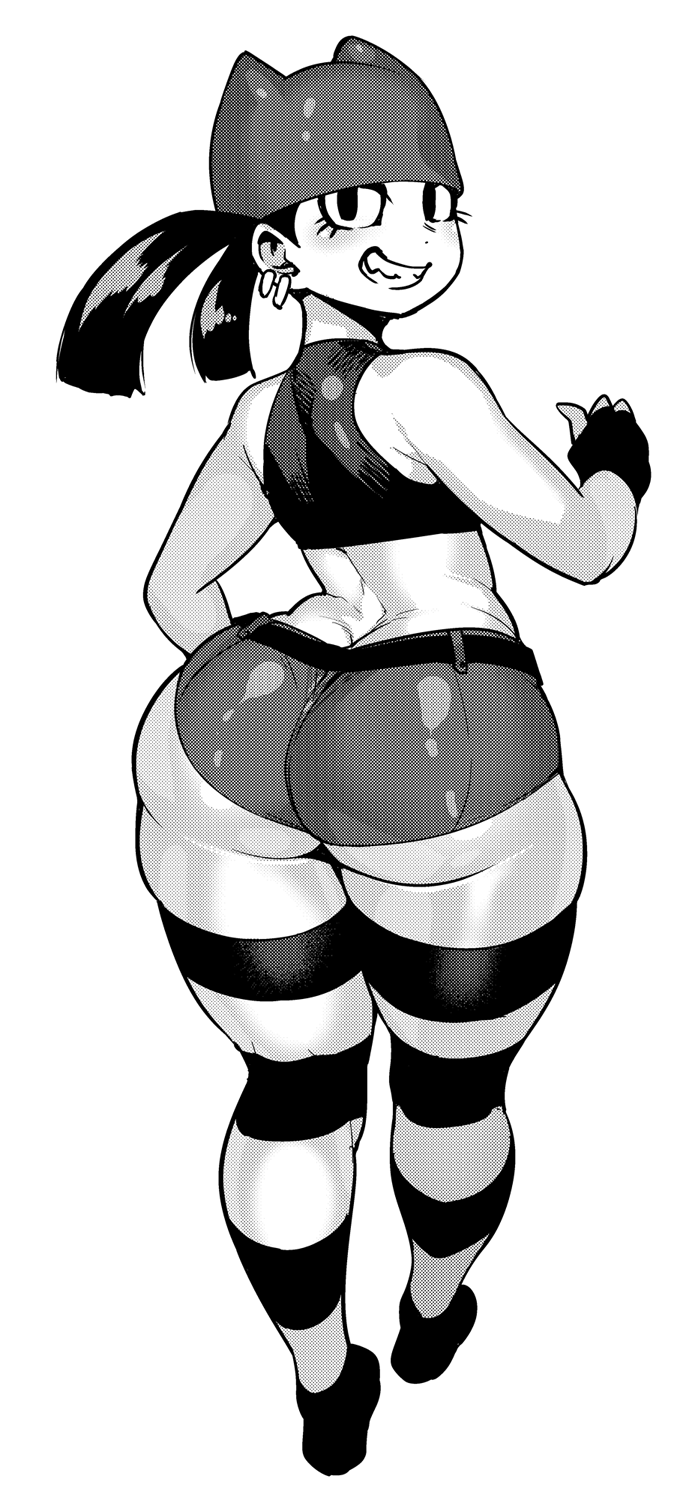 1girl, ass, bare_shoulders, breasts, earrings, from_behind, grin, hat, highres, huge_breasts, jewelry, legs, long_hair, looking_at_viewer, monochrome, my_life_as_a_teenage_robot, simple_background, smile, solo, striped, striped_legwear, synecdoche, thick_thighs, thigh-highs, thighs, tiff_crust, twintails, white_background