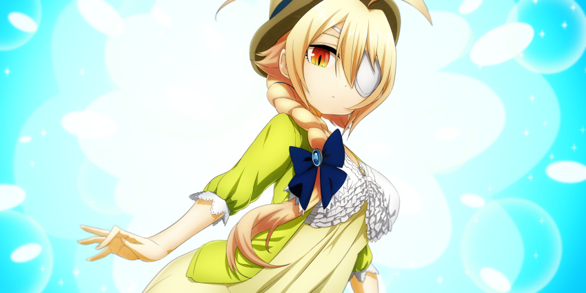 ahoge, blonde_hair, braid, es_(xblaze_code:_embryo), eyepatch, hair_ribbon, hat, highres