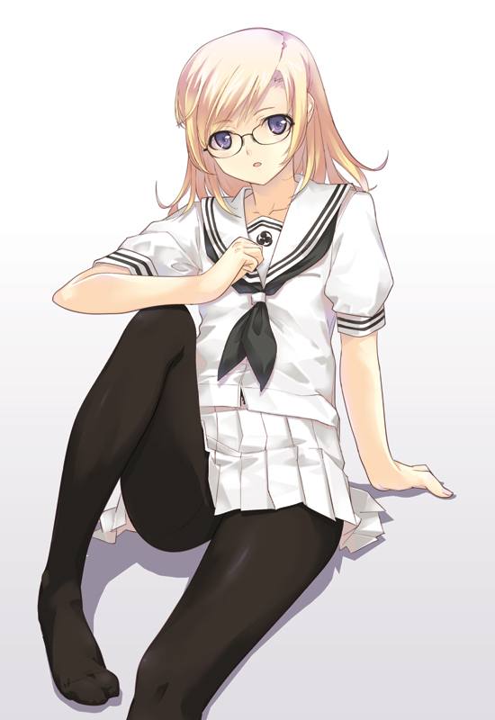 black_pantyhose, dasoku_sentarou, feet, flat_chest, glasses, pantyhose, purple_eyes, school_uniform